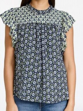 RACHEL ZOE size Medium Floral Ruffle Trim High Neck Blouse Navy Cottagecore